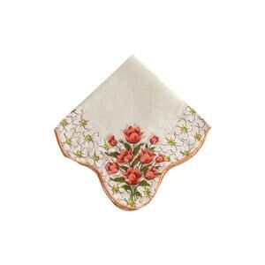 1960s Peach Tulips & Dogwood Flowers Scallop Edge Cotton Lady's Handkerchief